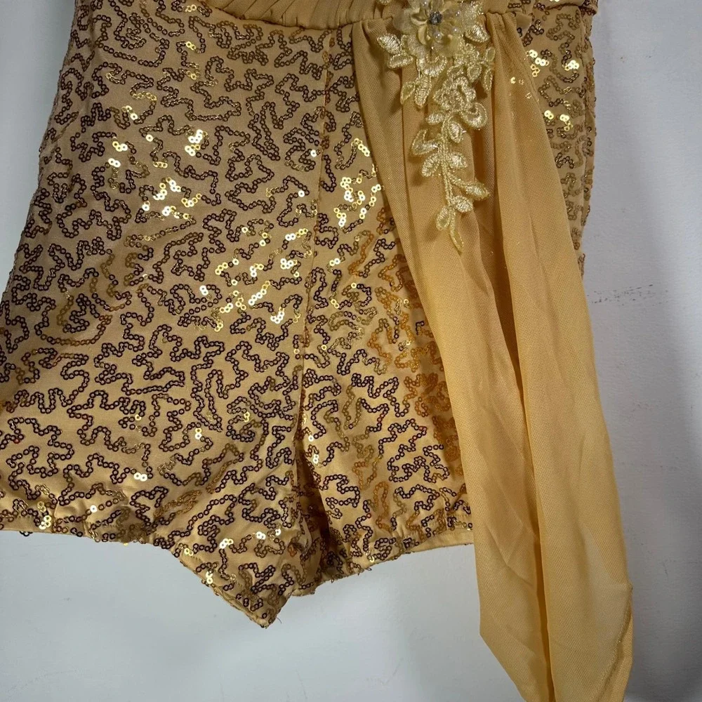 Alexandra Collection Gold Sequin Dance Romper One Sleeve Costume‎ Girls 14